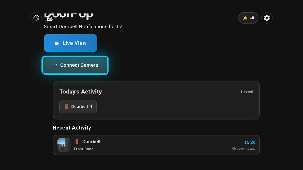 Android TV DoorPop activity screen with a recent front-door doorbell event and thumbnail