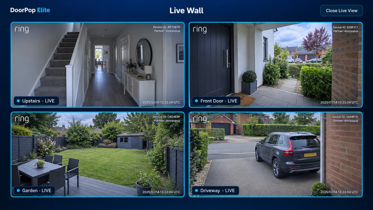 Live Wall interface with simultaneous Ring camera views, captured in DoorPop Elite for Vega OS